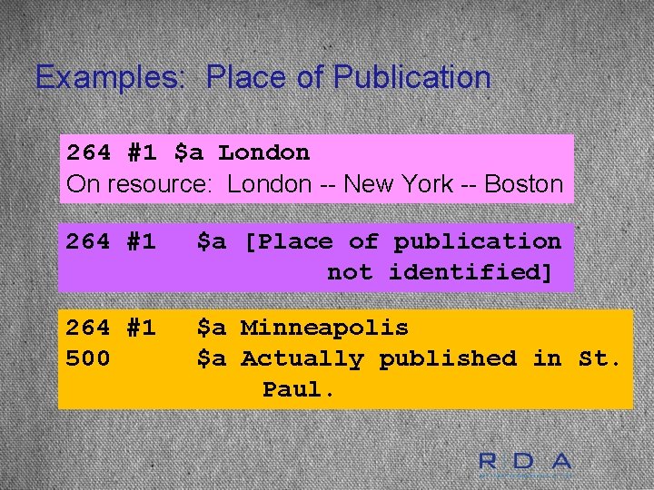Examples: Place of Publication 264 #1 $a London On resource: London -- New York