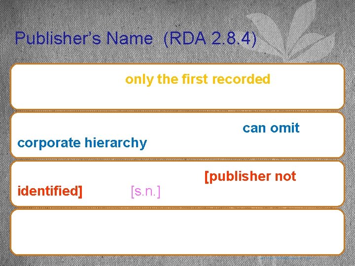 Publisher’s Name (RDA 2. 8. 4) If more than one, only the first recorded