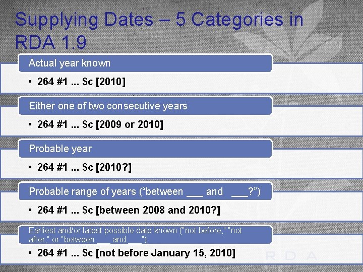 Supplying Dates – 5 Categories in RDA 1. 9 Actual year known • 264