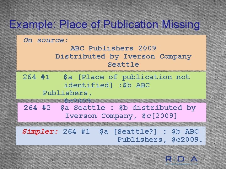 Example: Place of Publication Missing On source: ABC Publishers 2009 Distributed by Iverson Company