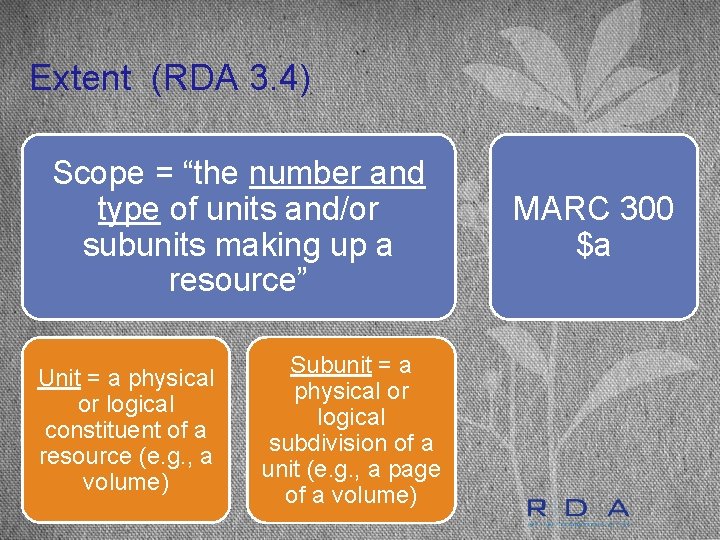 Extent (RDA 3. 4) Scope = “the number and type of units and/or subunits