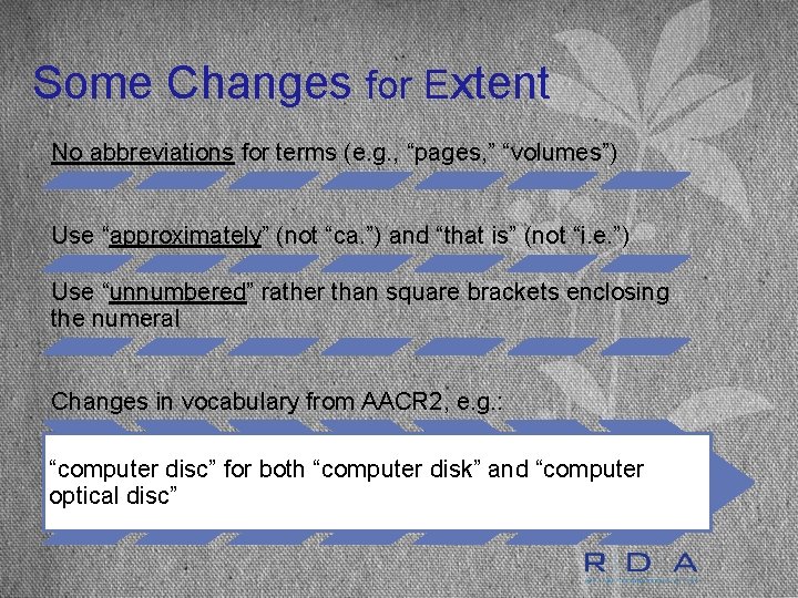 Some Changes for Extent No abbreviations for terms (e. g. , “pages, ” “volumes”)