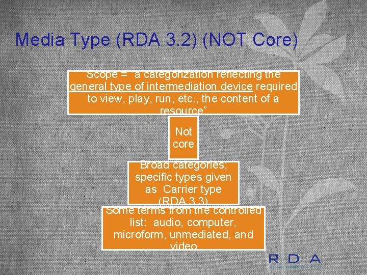 Media Type (RDA 3. 2) (NOT Core) Scope = “a categorization reflecting the general
