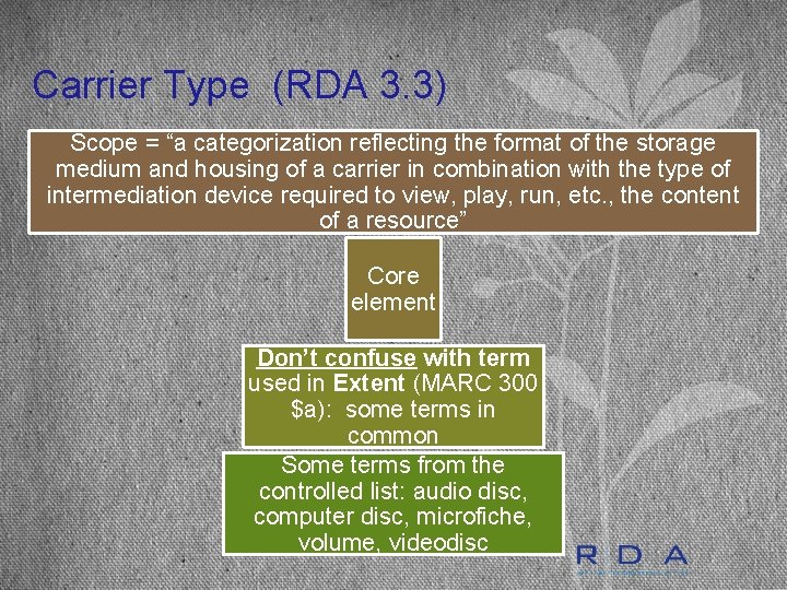 Carrier Type (RDA 3. 3) Scope = “a categorization reflecting the format of the