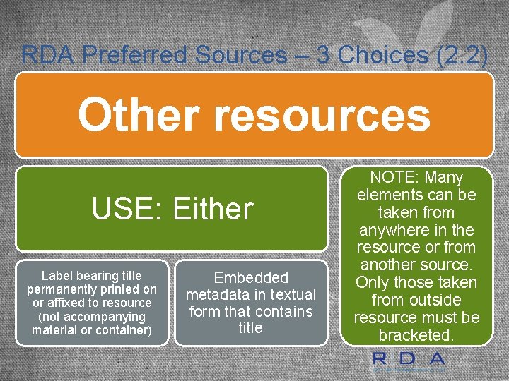 RDA Preferred Sources – 3 Choices (2. 2) Other resources USE: Either Label bearing