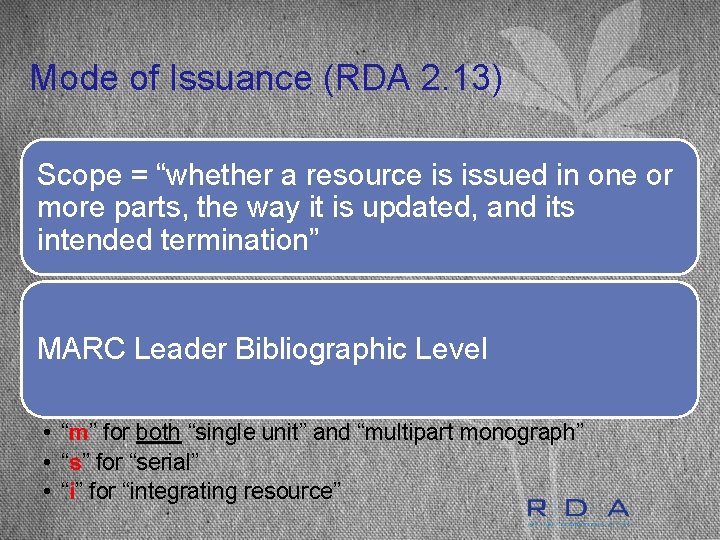 Mode of Issuance (RDA 2. 13) Scope = “whether a resource is issued in