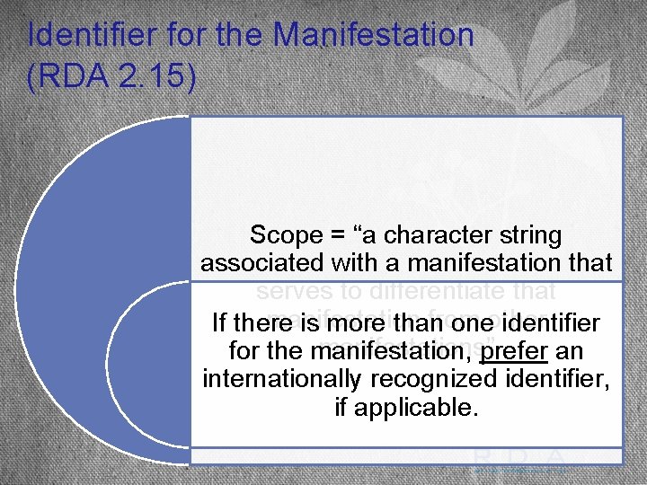 Identifier for the Manifestation (RDA 2. 15) Scope = “a character string associated with