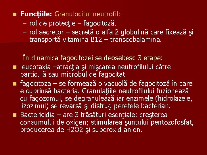 n Funcţiile: Granulocitul neutrofil: – rol de protecţie – fagocitoză. – rol secretor –