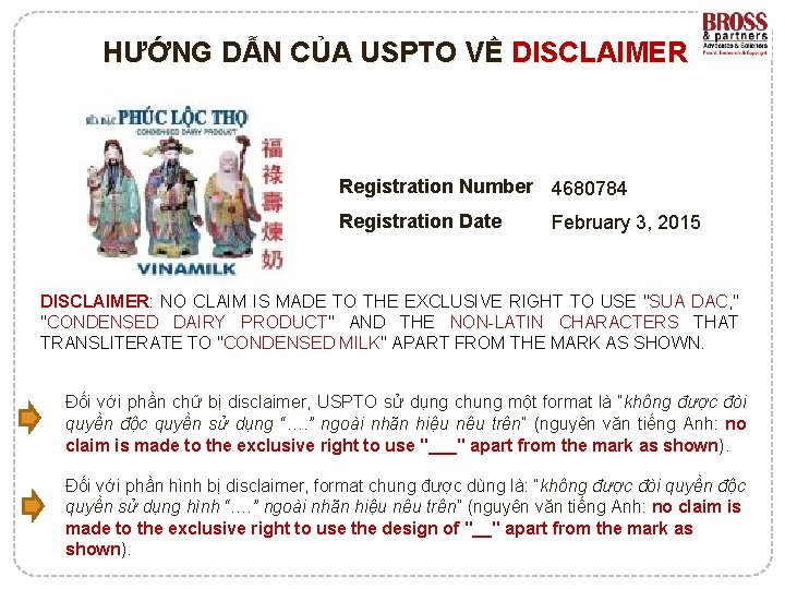 HƯỚNG DẪN CỦA USPTO VỀ DISCLAIMER Registration Number 4680784 Registration Date February 3, 2015