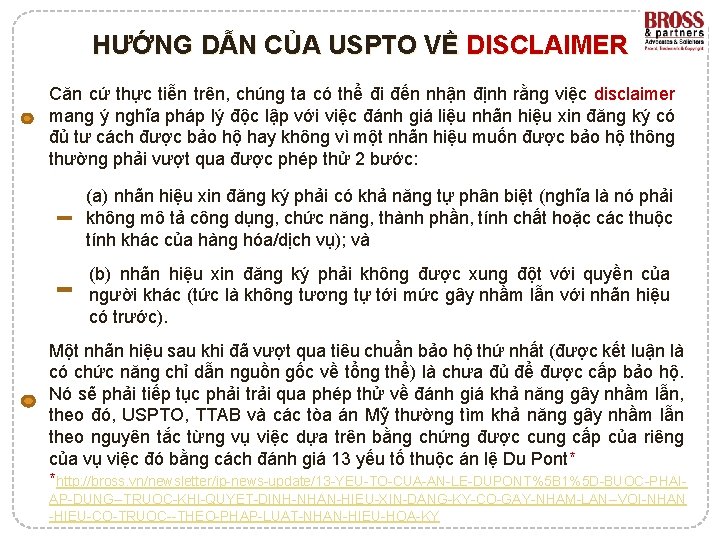 HƯỚNG DẪN CỦA USPTO VỀ DISCLAIMER Căn cứ thực tiễn trên, chúng ta có