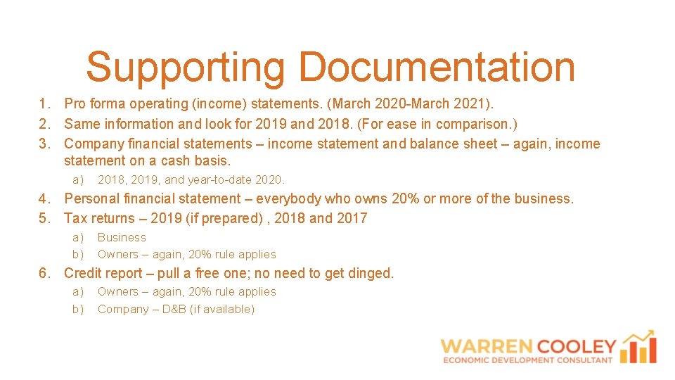 Supporting Documentation 1. Pro forma operating (income) statements. (March 2020 -March 2021). 2. Same