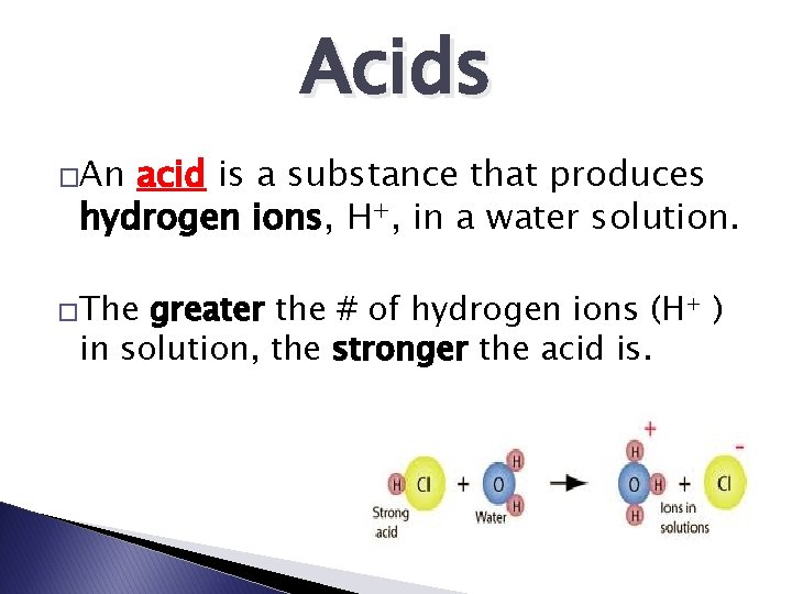 Acids �An acid is a substance that produces hydrogen ions, H+, in a water
