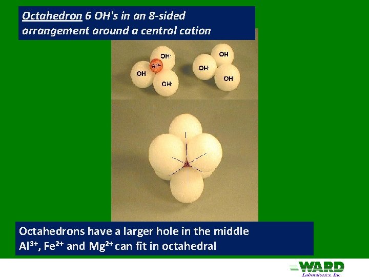 Octahedron 6 OH's in an 8 -sided arrangement around a central cation Octahedrons have