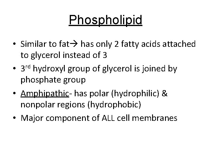 Phospholipid • Similar to fat has only 2 fatty acids attached to glycerol instead