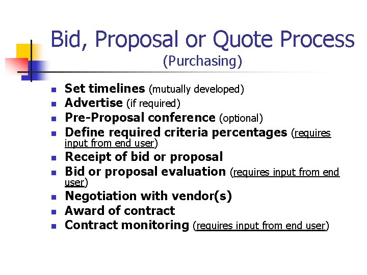 Bid, Proposal or Quote Process (Purchasing) n n n n n Set timelines (mutually