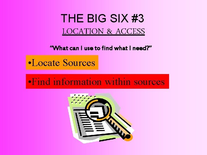 THE BIG SIX #3 LOCATION & ACCESS “What can I use to find what