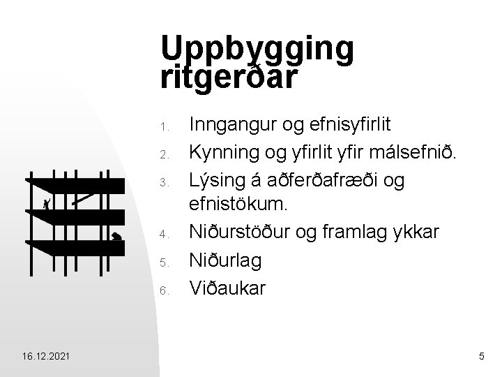 Uppbygging ritgerðar 1. 2. 3. 4. 5. 6. 16. 12. 2021 Inngangur og efnisyfirlit