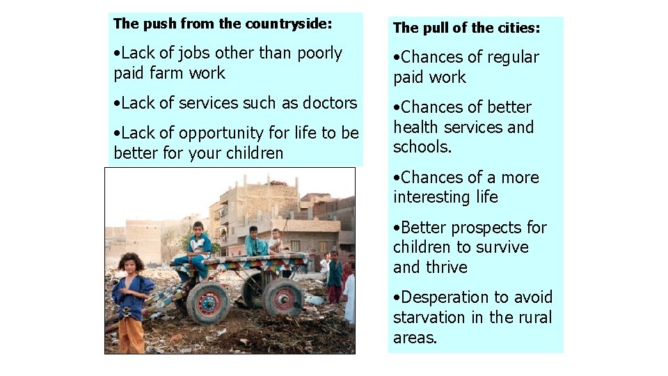 The push from the countryside: The pull of the cities: • Lack of jobs