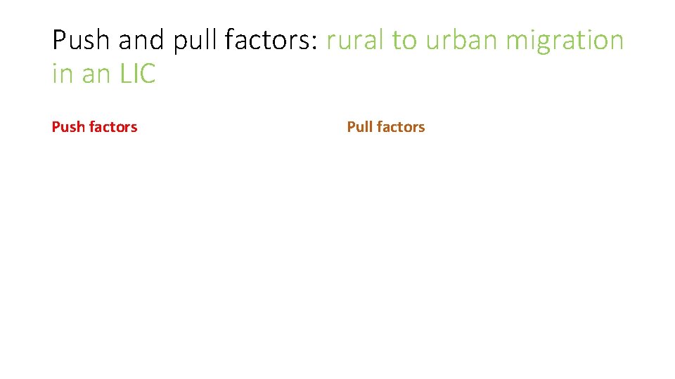 Push and pull factors: rural to urban migration in an LIC Push factors Pull