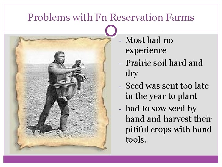 Problems with Fn Reservation Farms - Most had no experience - Prairie soil hard