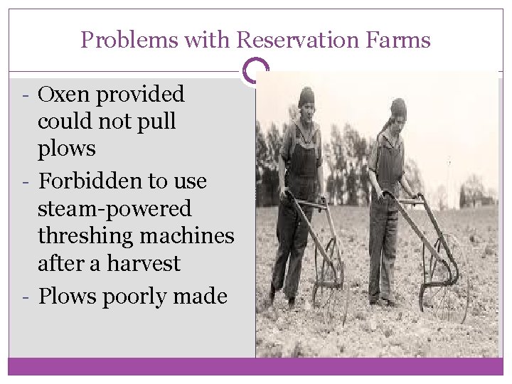 Problems with Reservation Farms - Oxen provided could not pull plows - Forbidden to