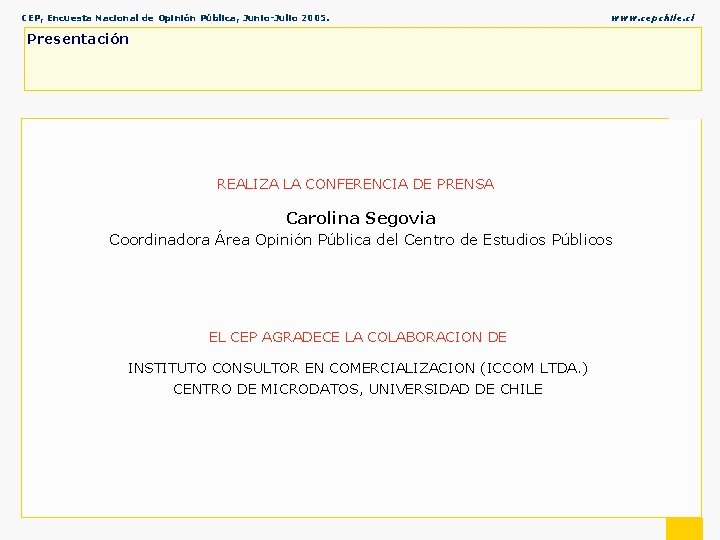 CEP, Encuesta Nacional de Opinión Pública, Junio-Julio 2005. www. cepchile. cl Presentación % REALIZA