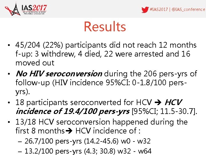 #IAS 2017 | @IAS_conference Results • 45/204 (22%) participants did not reach 12 months