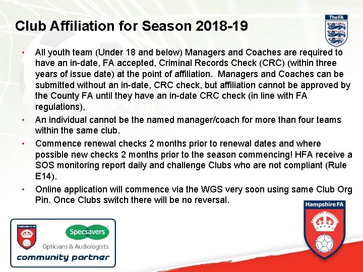Club Affiliation for Season 2018 -19 • • All youth team (Under 18 and