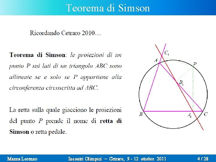 Teorema di Simson IL BELLO DELLA GEOMETRIA Mazza Lorenzo Incontri Olimpici – Cetraro, 9