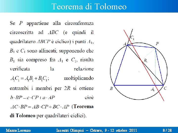 Teorema di Tolomeo IL BELLO DELLA GEOMETRIA Mazza Lorenzo Incontri Olimpici – Cetraro, 9
