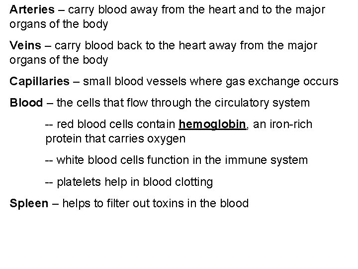 Arteries – carry blood away from the heart and to the major organs of