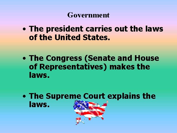 Government • The president carries out the laws of the United States. • The