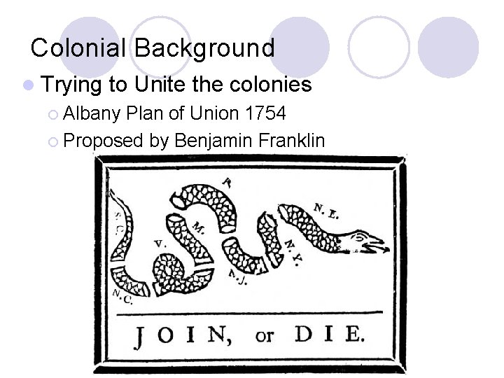Colonial Background l Trying to Unite the colonies ¡ Albany Plan of Union 1754