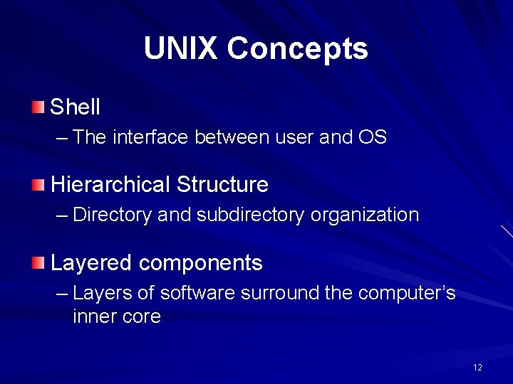 UNIX Concepts Shell – The interface between user and OS Hierarchical Structure – Directory UNIX Concepts Shell – The interface between user and OS Hierarchical Structure – Directory