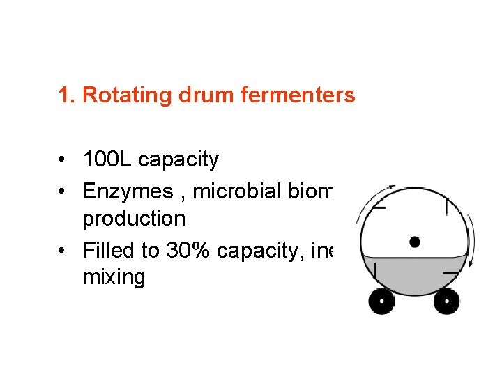 1. Rotating drum fermenters • 100 L capacity • Enzymes , microbial biomass production