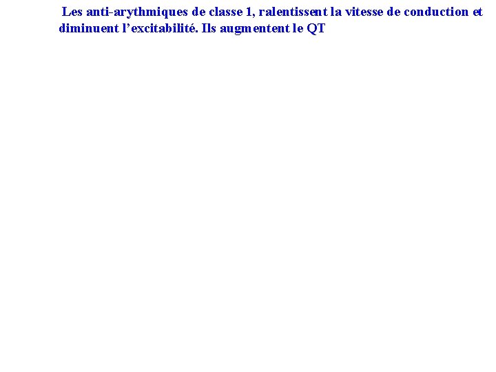 Les anti-arythmiques de classe 1, ralentissent la vitesse de conduction et diminuent l’excitabilité. Ils