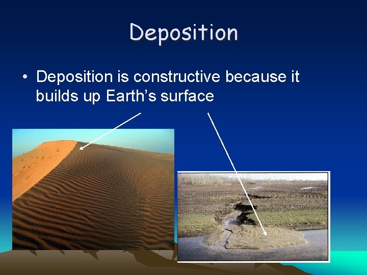 Deposition • Deposition is constructive because it builds up Earth’s surface 
