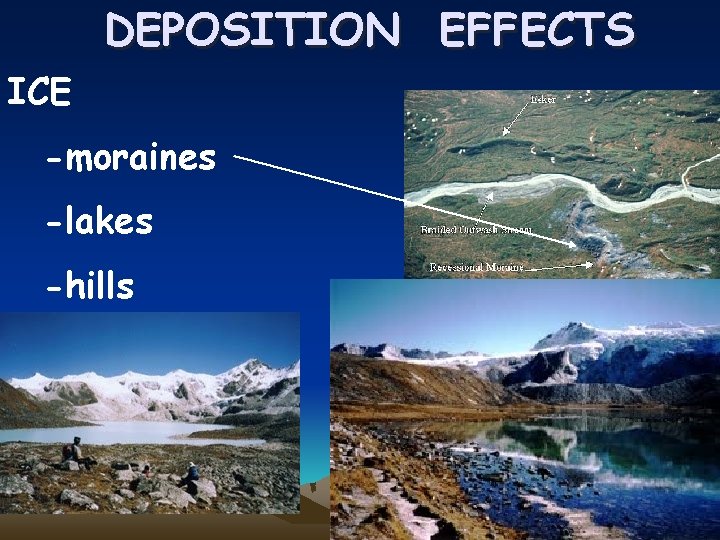 DEPOSITION EFFECTS ICE -moraines -lakes -hills 