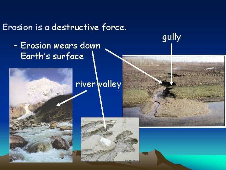 Erosion is a destructive force. – Erosion wears down Earth’s surface river valley gully