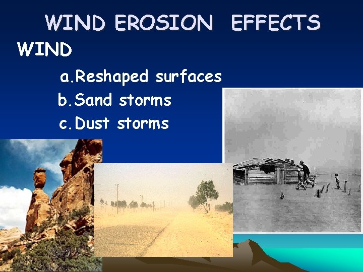 WIND EROSION EFFECTS WIND a. Reshaped surfaces b. Sand storms c. Dust storms 