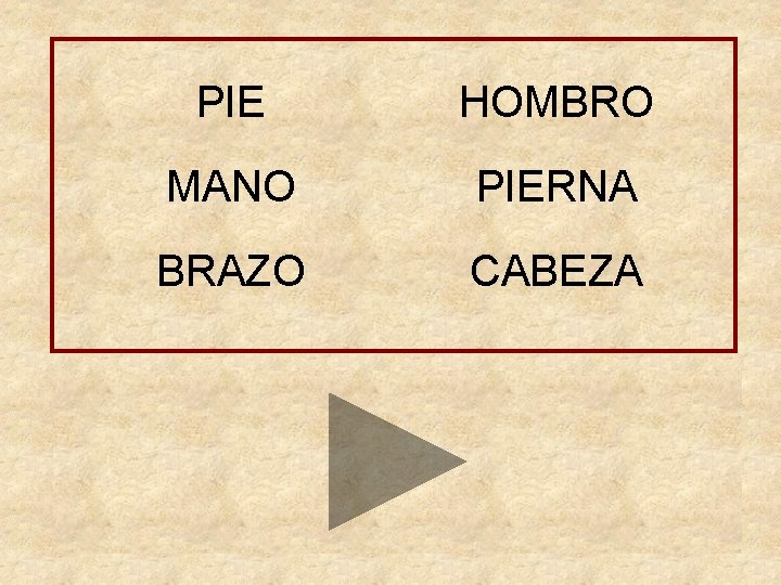 PIE HOMBRO MANO PIERNA BRAZO CABEZA Busca y señala la palabra que falta arriba