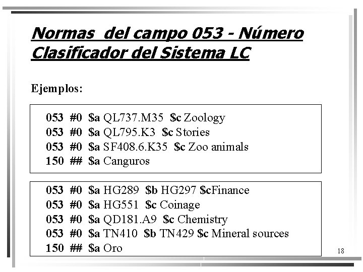 Normas del campo 053 - Número Clasificador del Sistema LC Ejemplos: 053 053 150