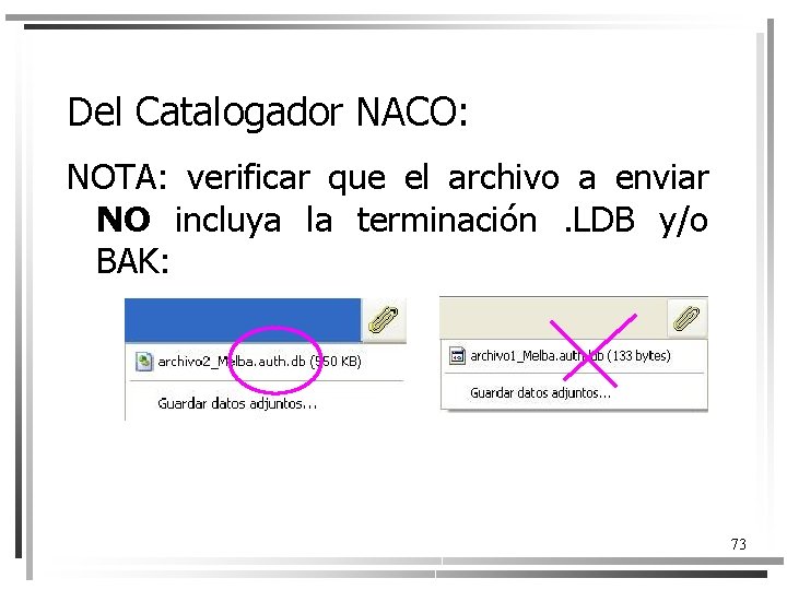 Del Catalogador NACO: NOTA: verificar que el archivo a enviar NO incluya la terminación.