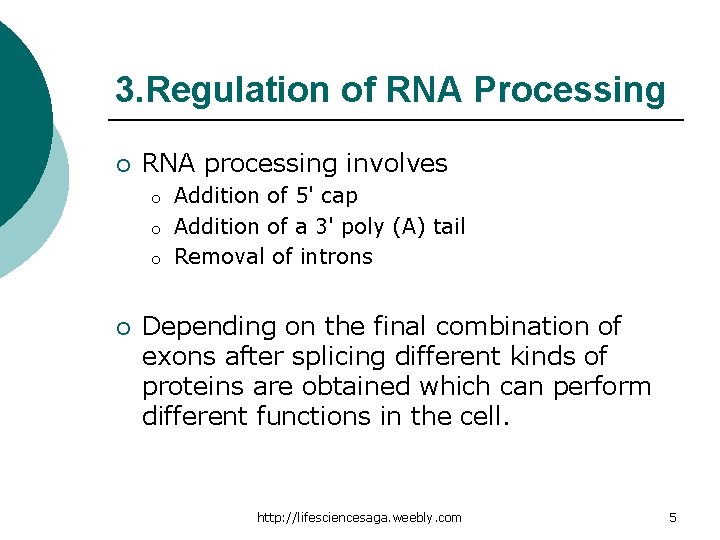 3. Regulation of RNA Processing ¡ RNA processing involves o o o ¡ Addition