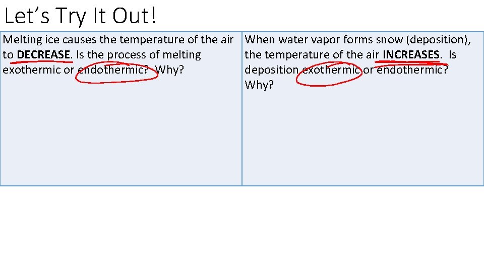 Let’s Try It Out! Melting ice causes the temperature of the air When water