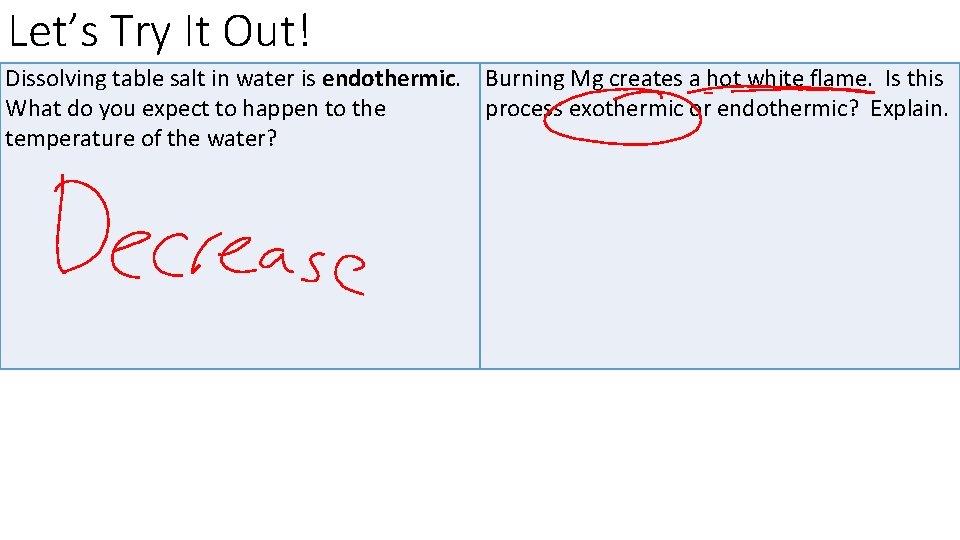 Let’s Try It Out! Dissolving table salt in water is endothermic. Burning Mg creates