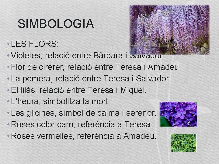 SIMBOLOGIA • LES FLORS: • Violetes, relació entre Bàrbara i Salvador. • Flor de