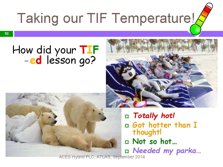 Taking our TIF Temperature! 10 How did your TIF -ed lesson go? Totally hot!