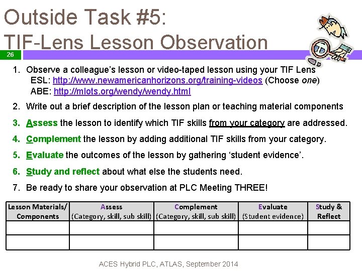 Outside Task #5: TIF-Lens Lesson Observation 26 1. Observe a colleague’s lesson or video-taped