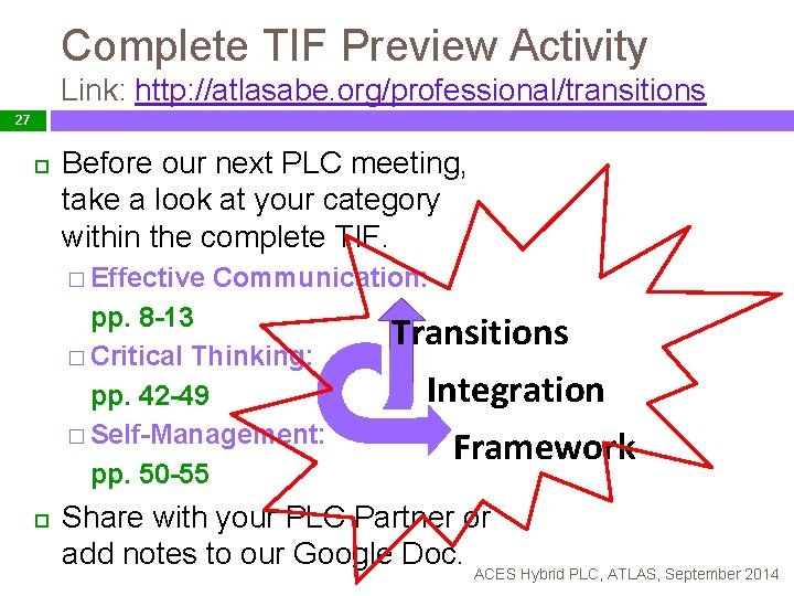 Complete TIF Preview Activity Link: http: //atlasabe. org/professional/transitions 27 Before our next PLC meeting,